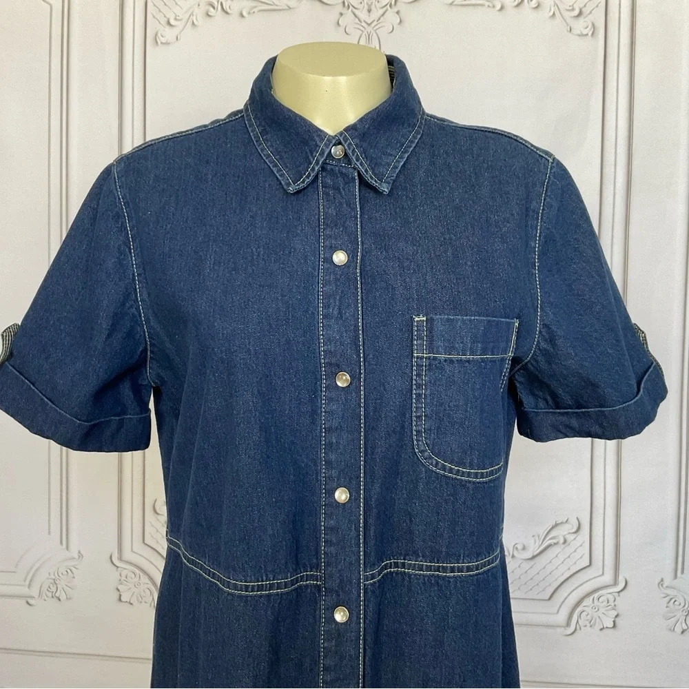 Vintage White Stag 90s Full Length Denim Dress Pearl Snaps Collared Med 8/10 - Picture 2 of 6